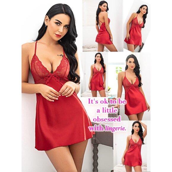 Women's Red Lingerie V Neck Nightwear Satin Sleepwear Lace Chemise Mini Dress - Picture 6 of 8